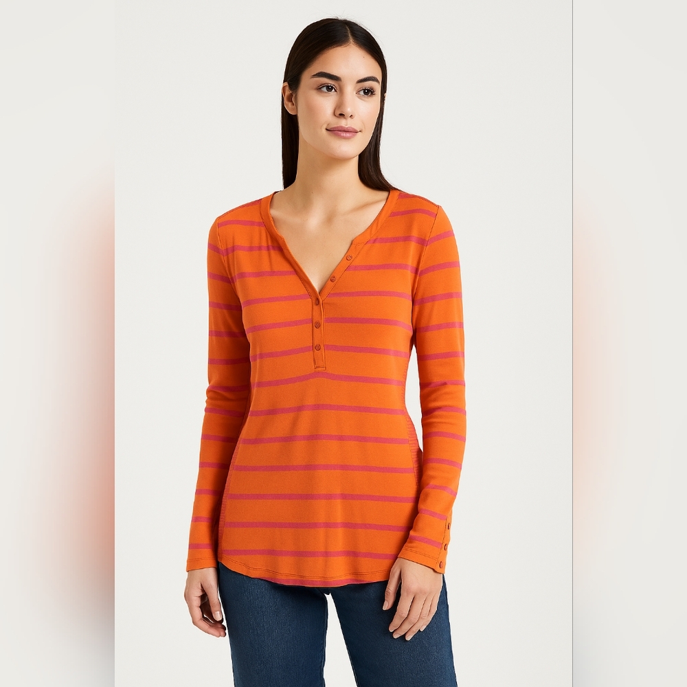 GreenSource M Orange Pink Striped Long Sleeve Henley Top